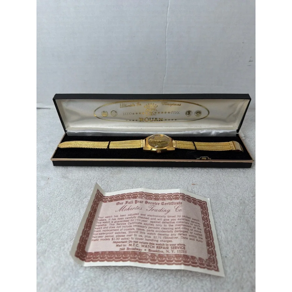 Rouan Watch Mens Gold Bicentennial 1776-1976 Lady Liberty Mesh Band Vintage Box